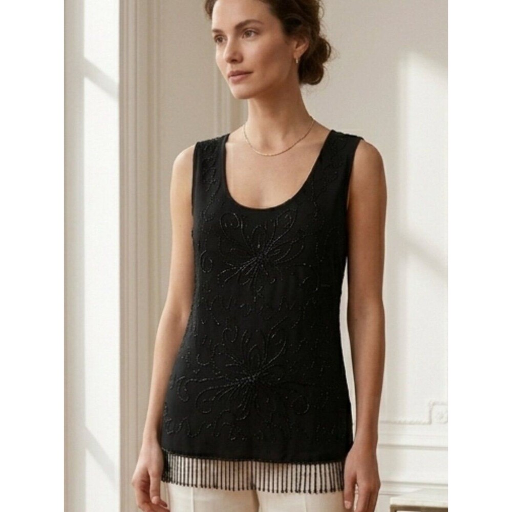 Venini Black Beaded Sleeveless Top Tiered Fringe Hem Evening Blouse Size Large